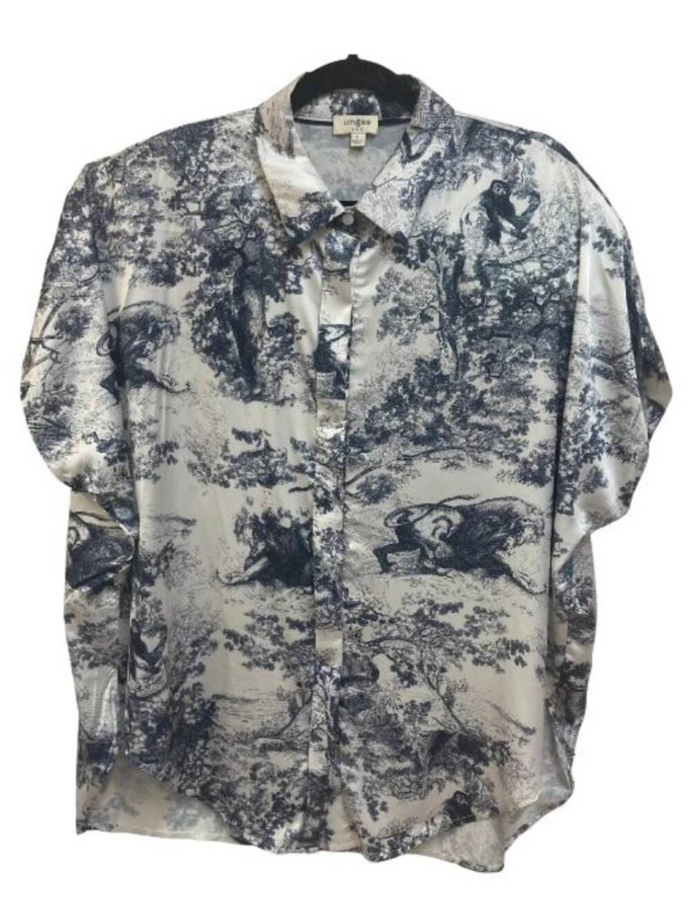 UMGEE oversized Dolman Sleeve Safari Print Blue & White Button Blouse Size Large
